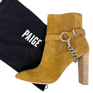 Paige London Caramel Suede Chain Point Toe Heeled Ankle Bootie Brown Size 9